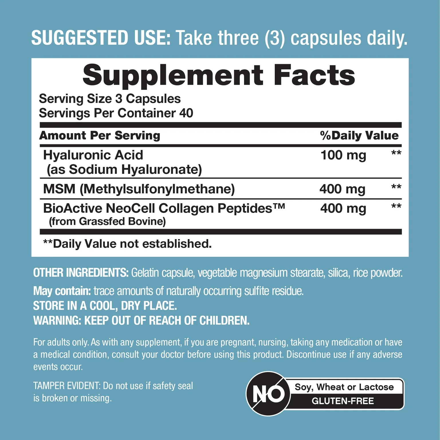 Hyaluronic Acid Complex 900 mg with Collagen & MSM, 120 Capsules - Image 3