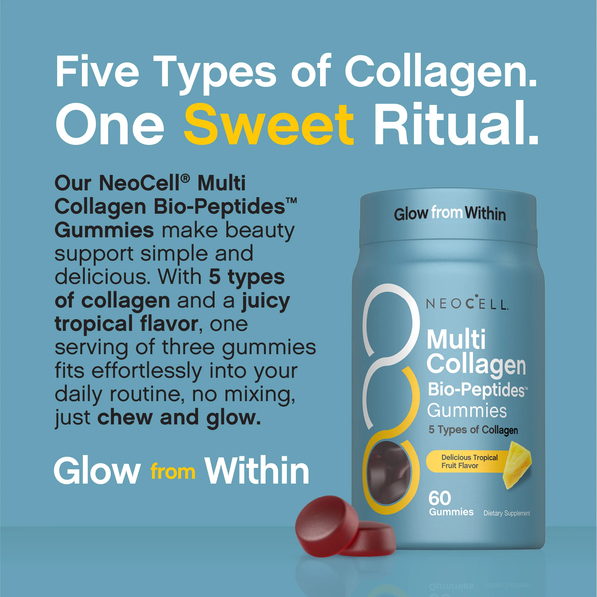 Multi Collagen Bio-Peptides Gummies Tropical Fruit Flavor, 60 Tasty Gummies - Image 5